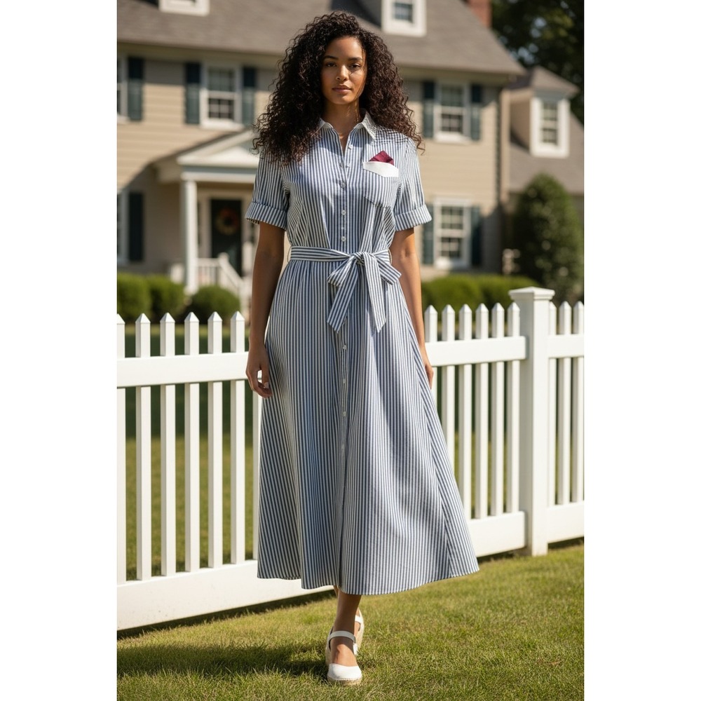 Schrader Sport Vintage Seersucker Shirtdress Blue White Stripe Petite 12 NWT